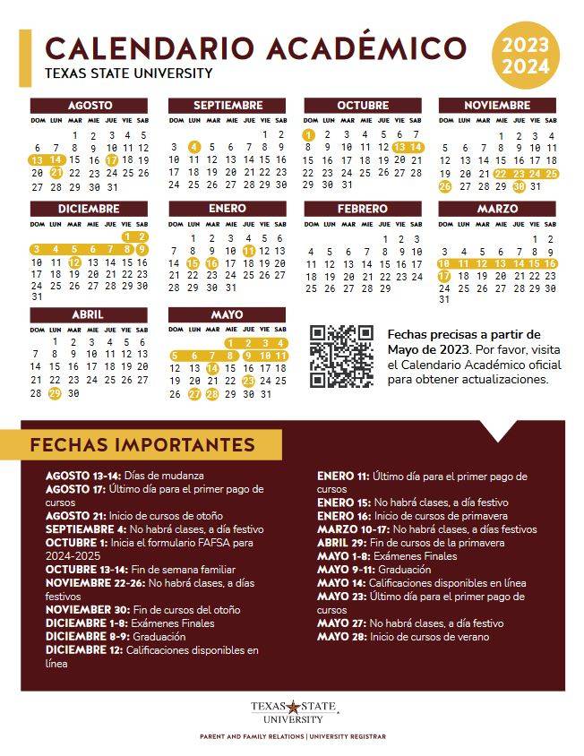 Calendario Académico Family Experiences Texas State University